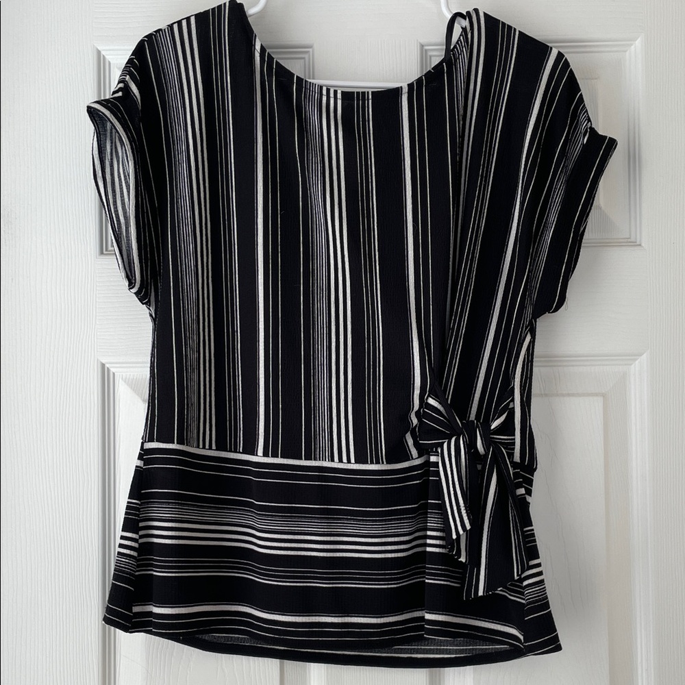 A.U.W Black and White Striped Blouse with Side Bow Size Medium